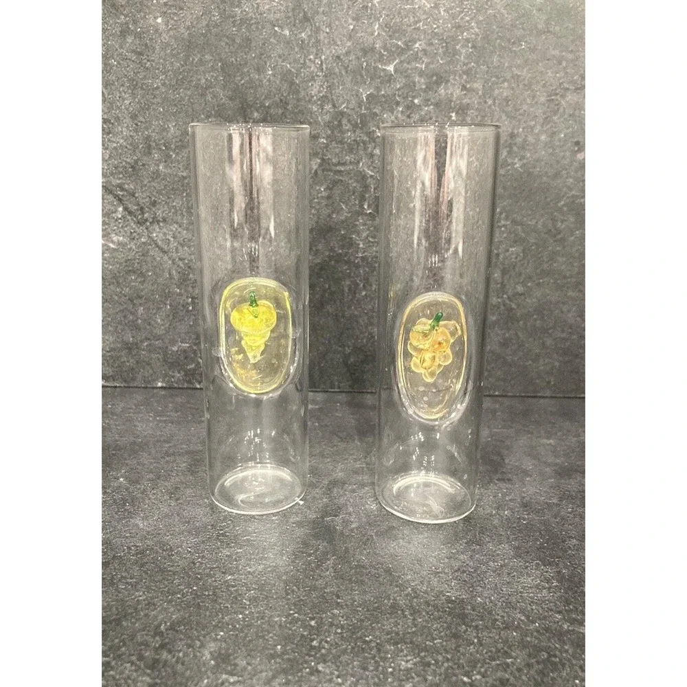 2 Hand Blown Glass Shot Glasses 3-D Glass Yellow Grapes Vintage